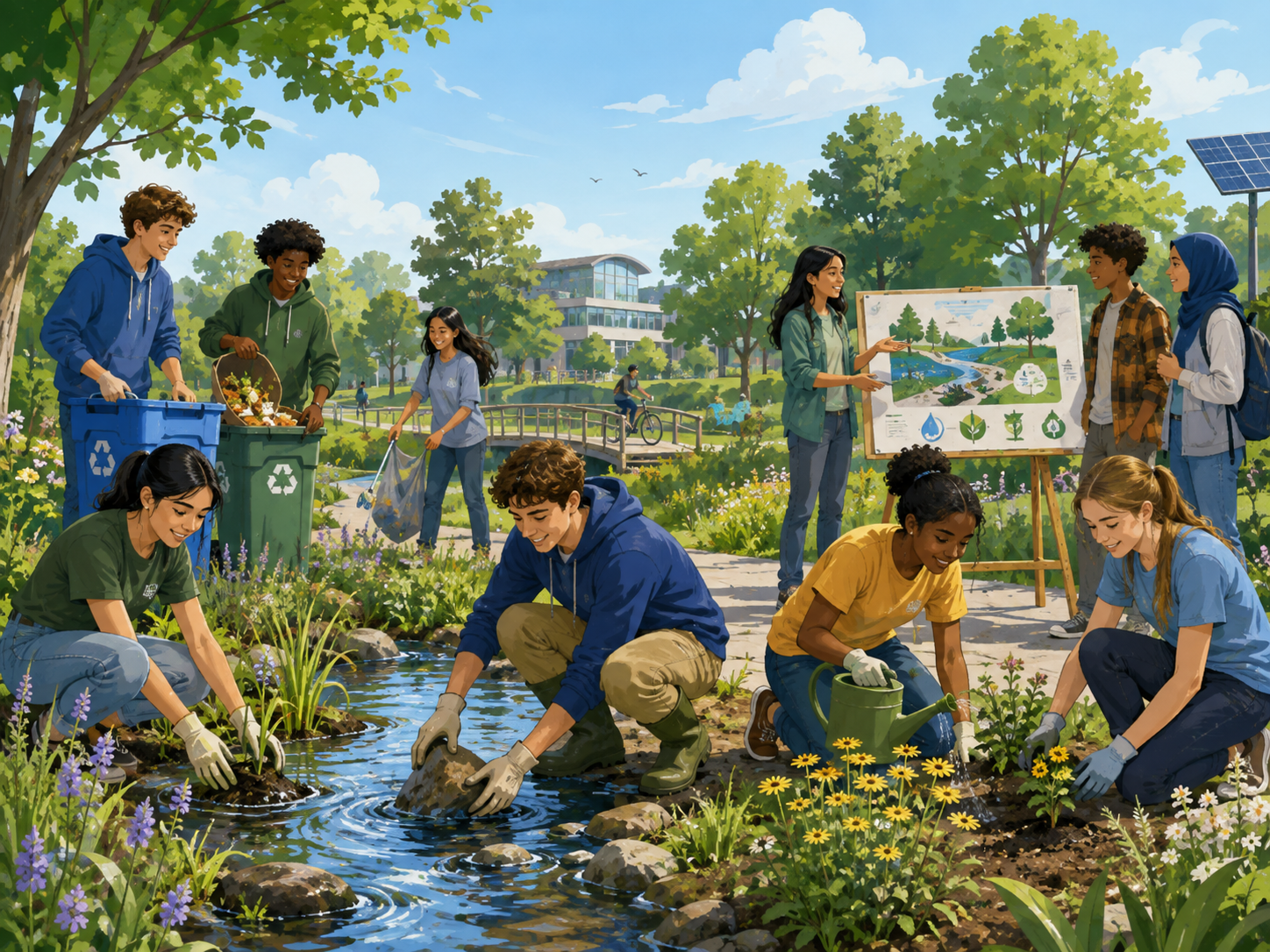 Students working together on a climate action and community cleanup project