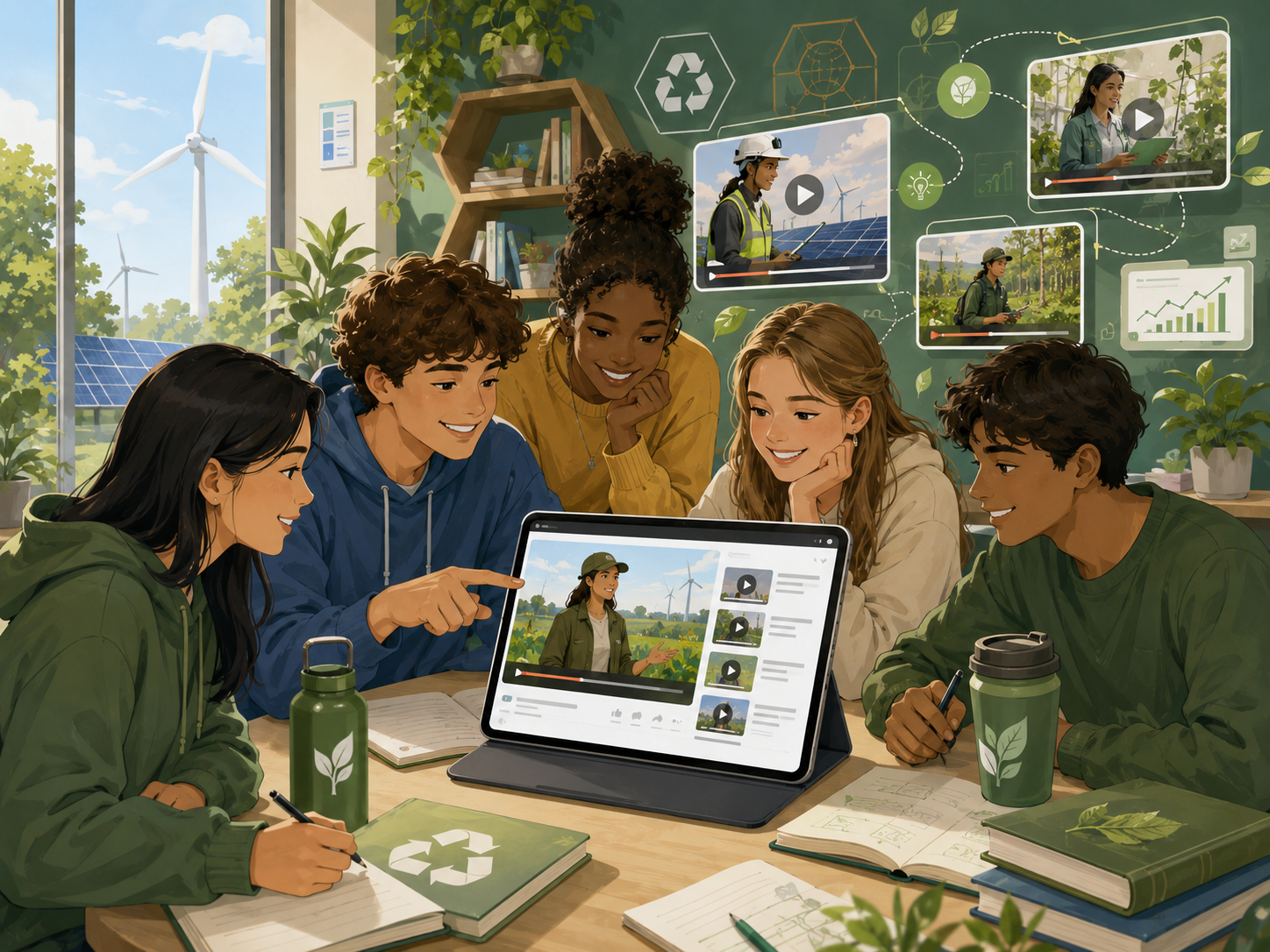 Students learning together from sustainability and green career videos